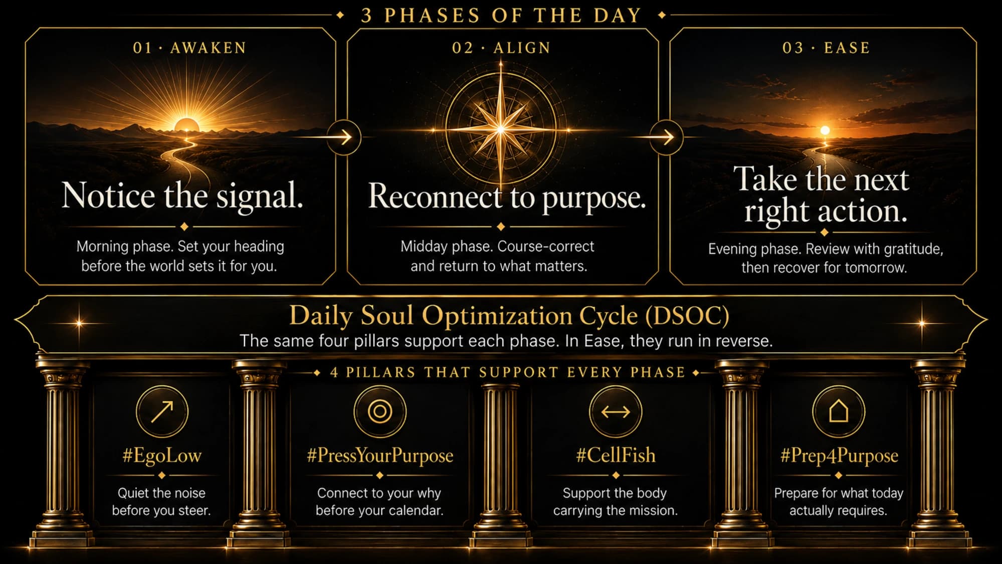 Relearn2Live Daily Soul Optimization Cycle infographic. Three phases of the day are Awaken, Align, and Ease. Four pillars supporting each phase are EgoLow, PressYourPurpose, CellFish, and Prep4Purpose.