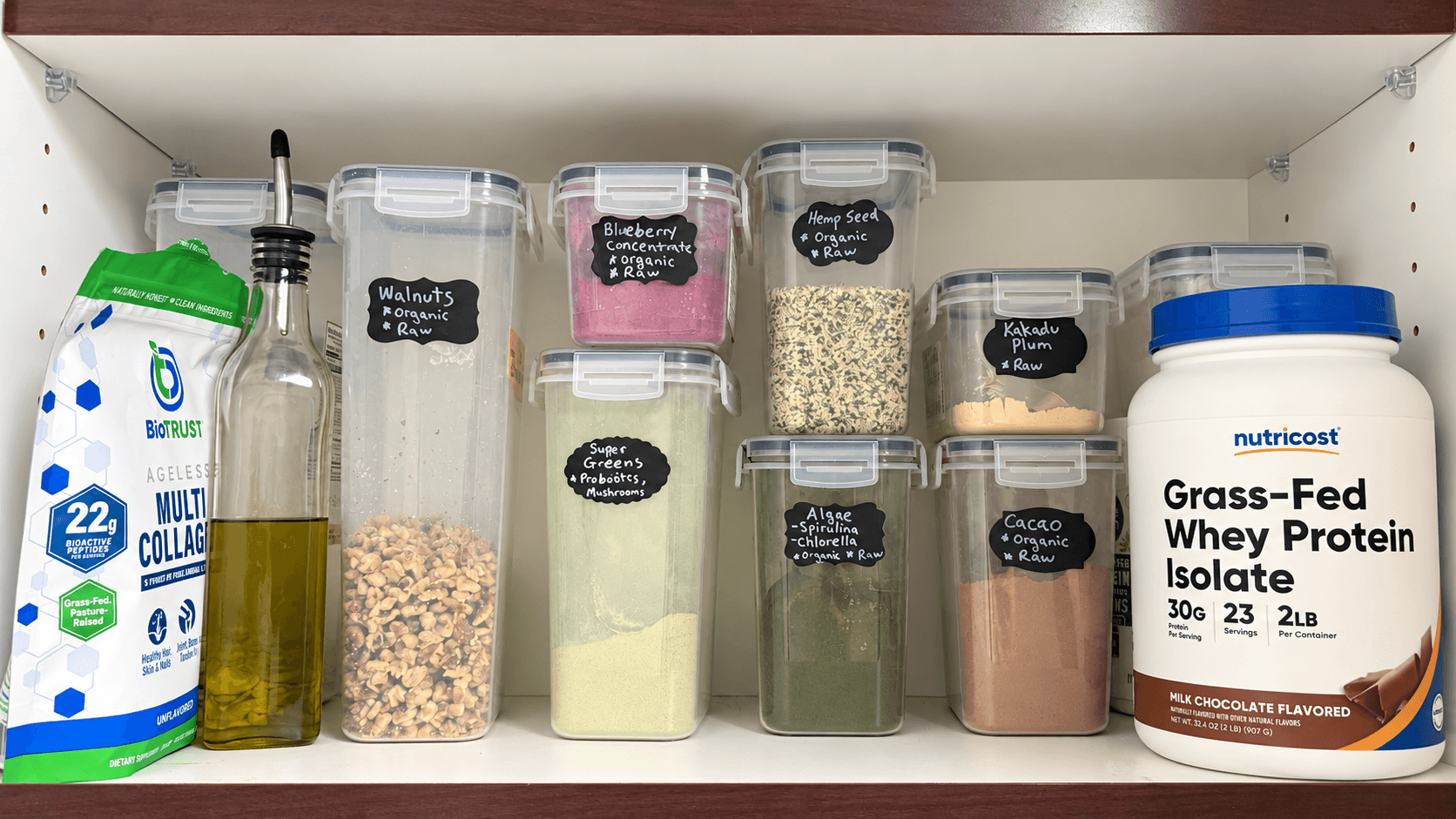 My office Health Stack Hub: labeled shake ingredients and supplies together in one cabinet