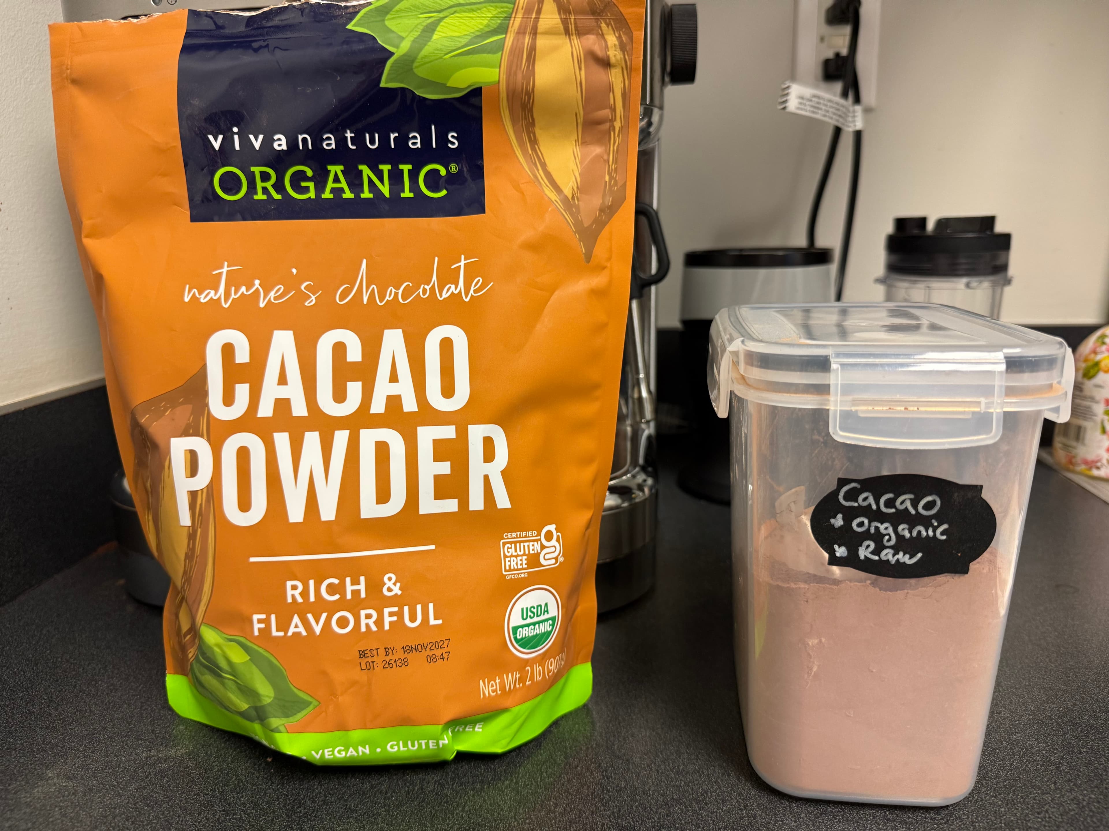 The cacao powder I keep with my office shake ingredients