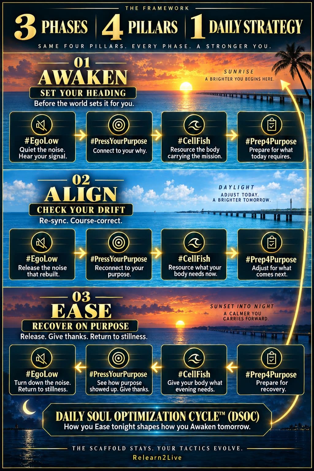 Daily Soul Optimization Cycle: Awaken at sunrise, Align in daylight, and Ease at sunset. The same four pillars support every phase. Ease runs in reverse.