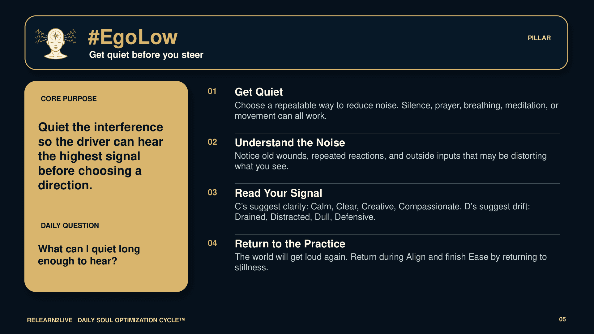 Teaching map for #EgoLow: quiet the interference so the driver can hear the highest signal before choosing a direction.